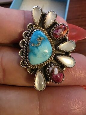 Turquoise, Rose Dahlia & White Opal Sterling Statement Ring - Women Jewelry
